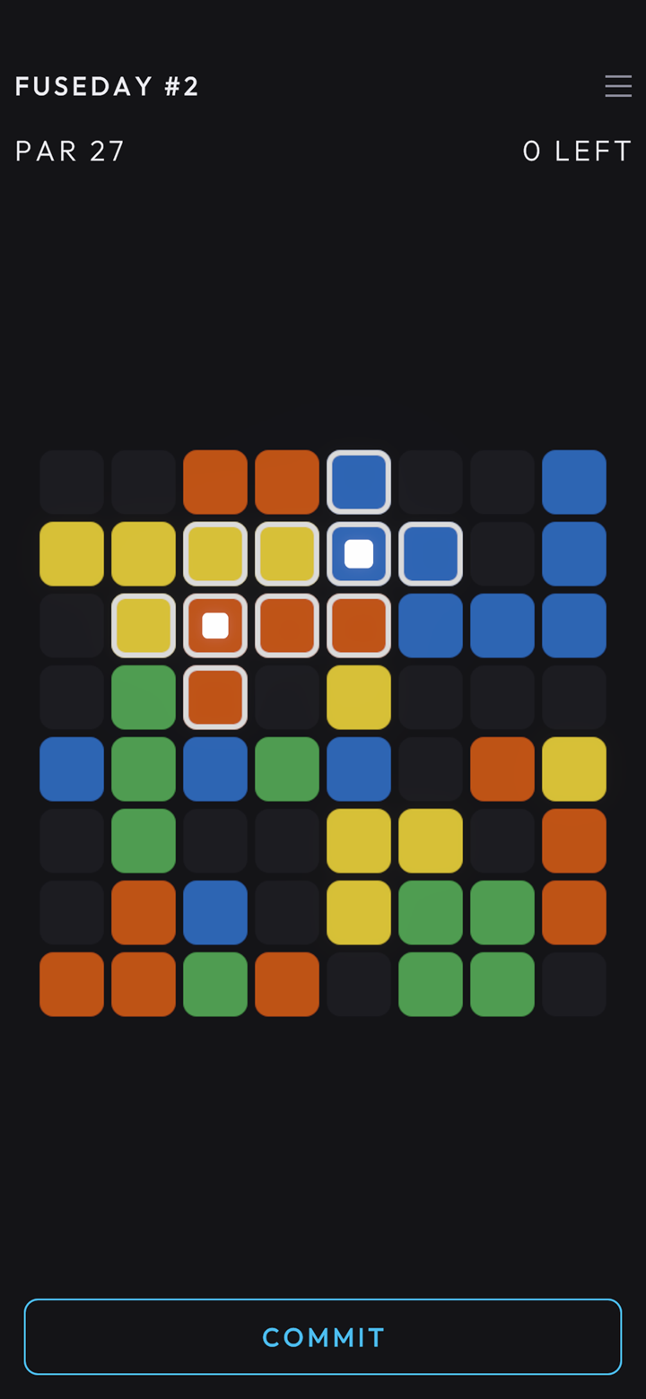 Fuseday #2, par 27: two charges placed on an 8×8 board of red, yellow, green and blue blocks, each with a white outline around the blocks it will hit directly, and a COMMIT button at the bottom.