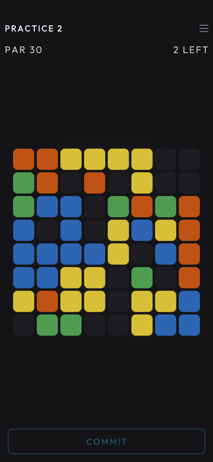 Practice board 2, par 30, with two charges left to place on a full 8×8 board of red, yellow, green and blue blocks.