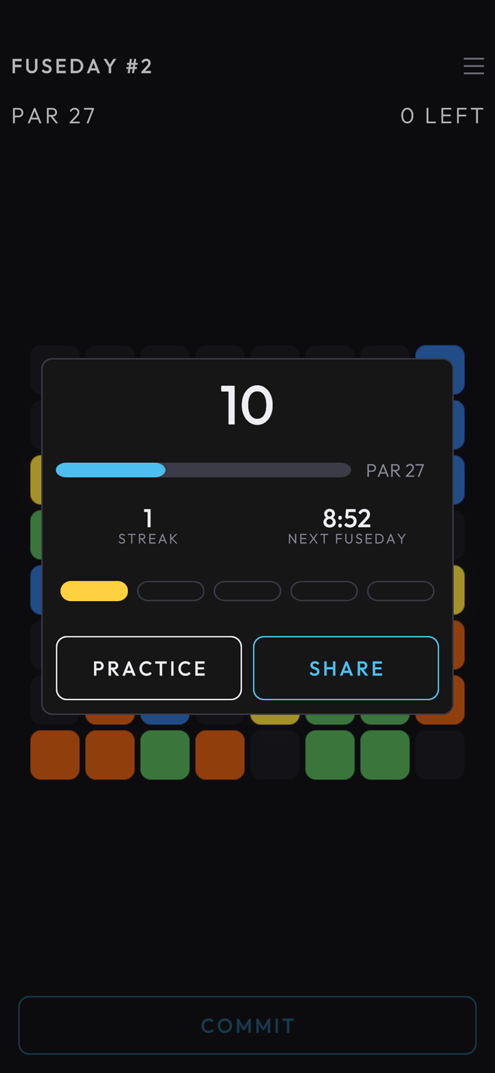 The result card over the board: a score of 10 against par 27, a streak of 1, 8:52 until the next Fuseday, one of five links filled, and Practice and Share buttons.