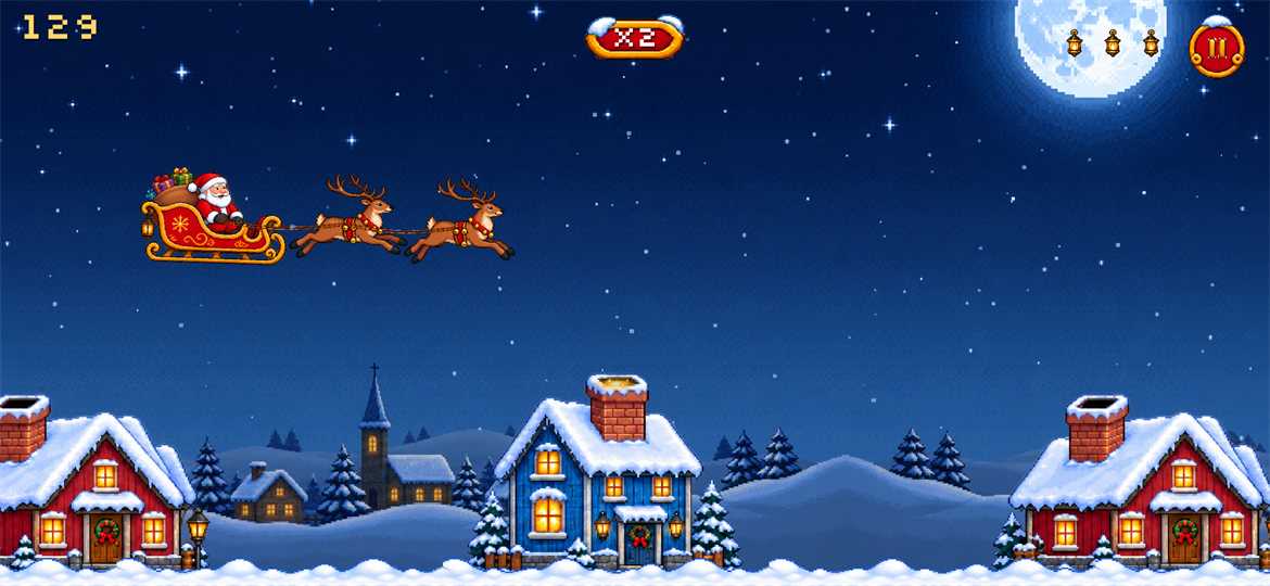 Santa's sleigh and two reindeer flying over a snowy village at night. A chimney just ahead glows, showing that a gift dropped now will land in it.