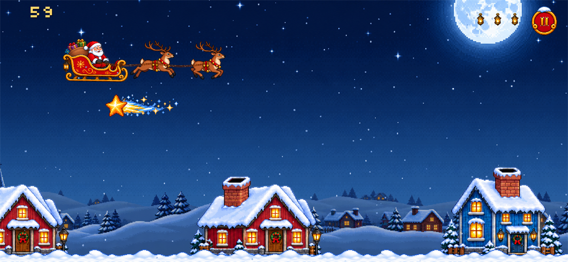 A shooting star crosses the night sky toward the sleigh, with three lit lanterns at the top of the screen.