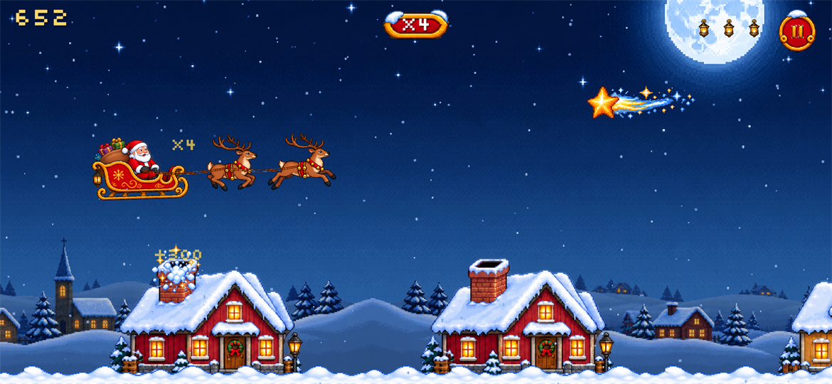 A gift lands in a chimney with a sparkle and a points popup, and the streak badge at the top of the screen shows the multiplier.